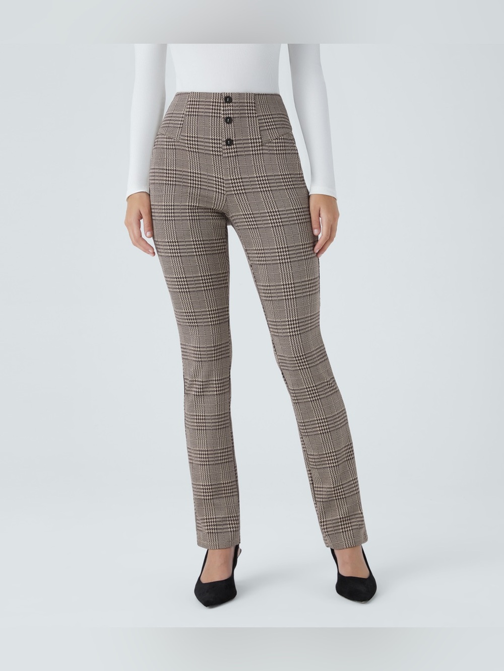 Halara Plaid Pants Women XS Petite NWT High Rise Straight Leg Brown Glen Check